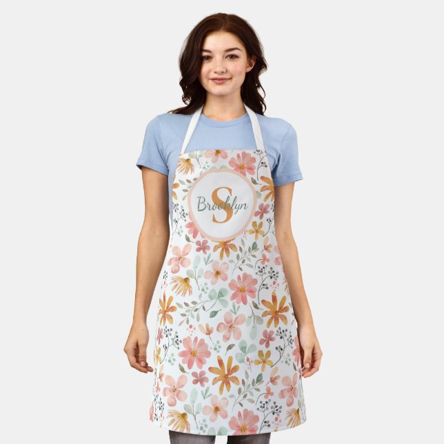 Personalised Floral All-Over Print Apron (Worn)