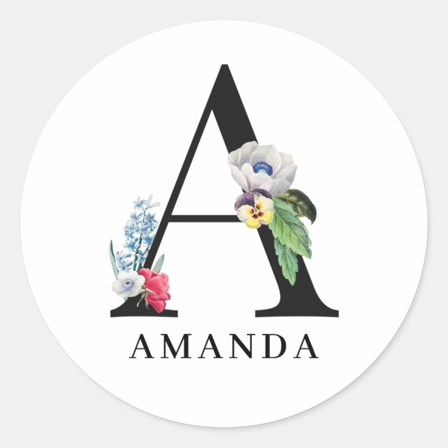 Personalised Floral Alphabet A Monogram  Classic Round Sticker (Front)
