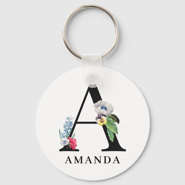 Personalised Floral Alphabet A Monogram  Key Ring (Front)