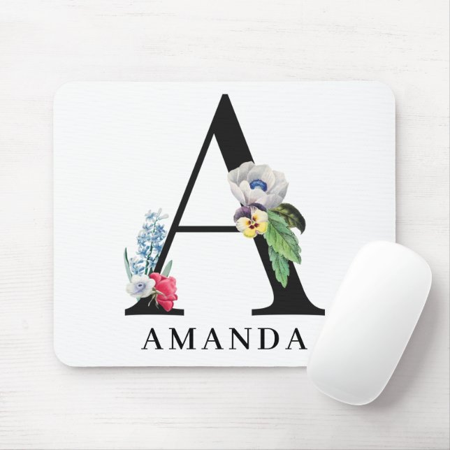 Personalised Floral Alphabet A Monogram  Mouse Pad (With Mouse)