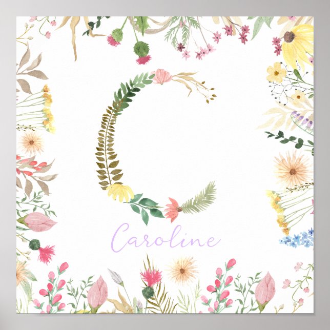  Personalised Floral Alphabet Initial Nursery  Poster (Front)