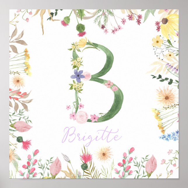  Personalised Floral Alphabet Initial Nursery  Poster (Front)