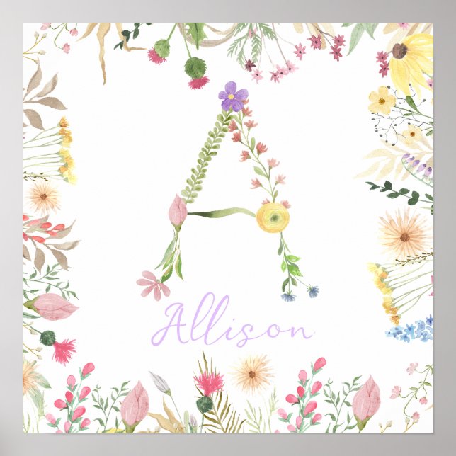 Personalised Floral Alphabet Initial Nursery Print (Front)