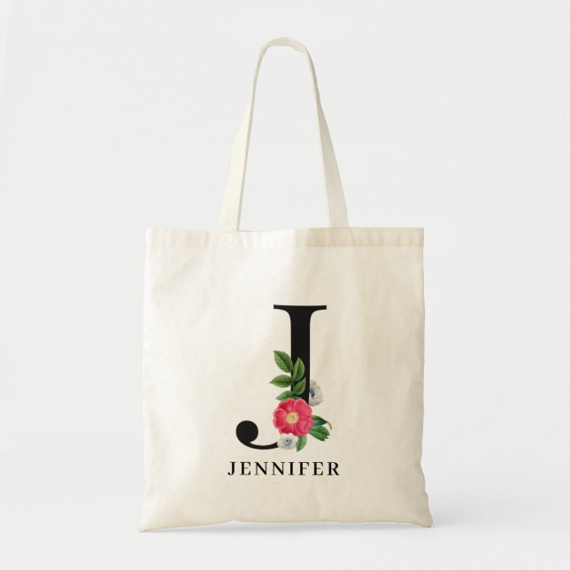 Personalised Floral Alphabet J Monogram  Tote Bag (Front)