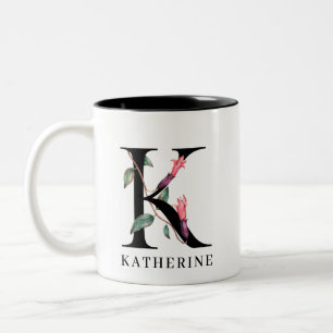 Personalised Floral Alphabet K Monogram  Two-Tone Coffee Mug