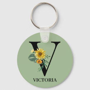Personalised Floral Alphabet V Monogram Key Ring