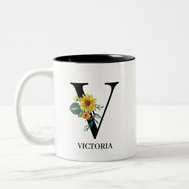 Personalised Floral Alphabet V Monogram Two-Tone Coffee Mug (Left)