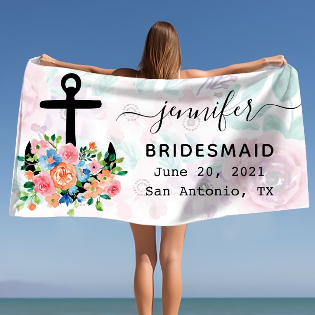 Personalised Floral Anchor Bachelorette Bridesmaid Beach Towel (Personalized Floral Anchor Bachelorette Bridesmaid Beach Towel)