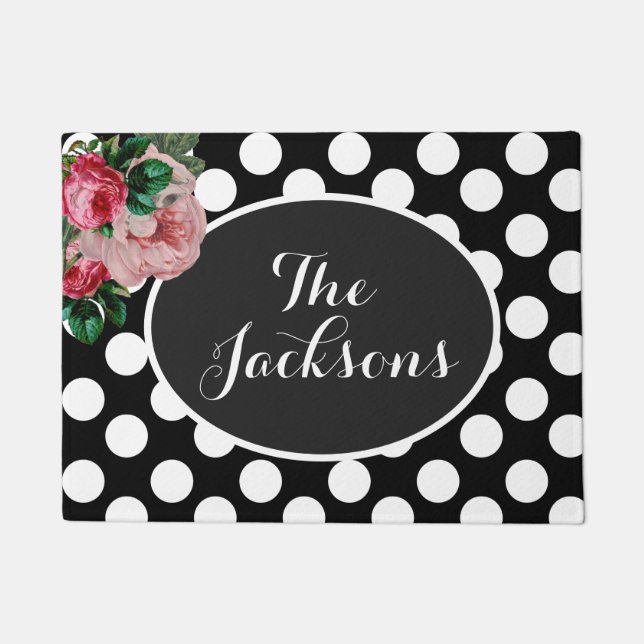 Personalised Floral and Black Polka Dot Doormat (Front)