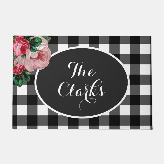 Personalised Floral and Buffalo Check Doormat (Front)