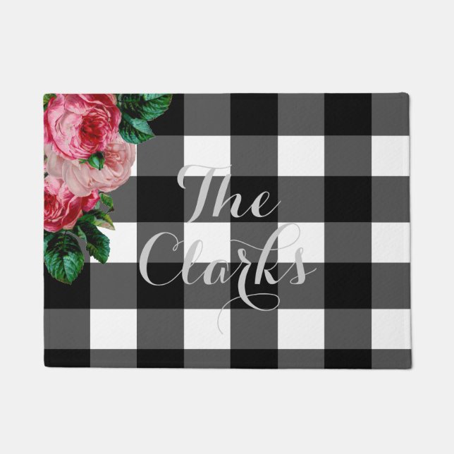 Personalised Floral and Buffalo Check Doormat (Front)