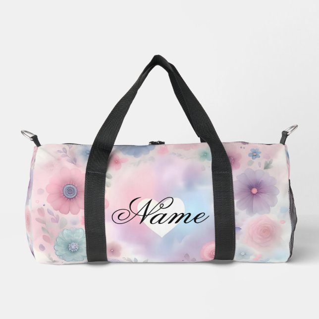 Personalised floral and heart duffle bag (Front)