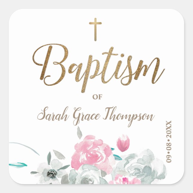 Personalised floral Baby girl gold cross baptism Square Sticker (Front)