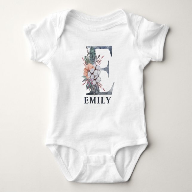Personalised Floral Baby Girl Name Baby Initial E Baby Bodysuit (Front)