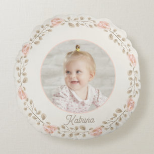 Personalised Floral Baby Photo Keepsake Round Cushion