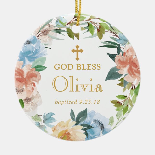 Personalised Floral Baptism Wreath God Bless Ceramic Ornament (Front)