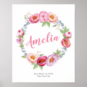 Personalised Floral birth poster print