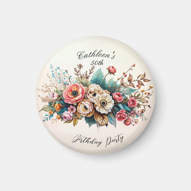 Personalised Floral Birthday Party Magnet (Front)
