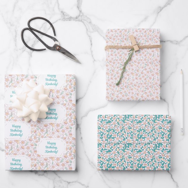 Personalised Floral Birthday Wrapping Paper Sheet (Front)