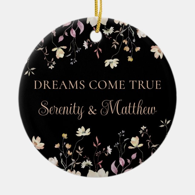 Personalised Floral Black Boho Wedding Keepsake Ceramic Ornament (Front)