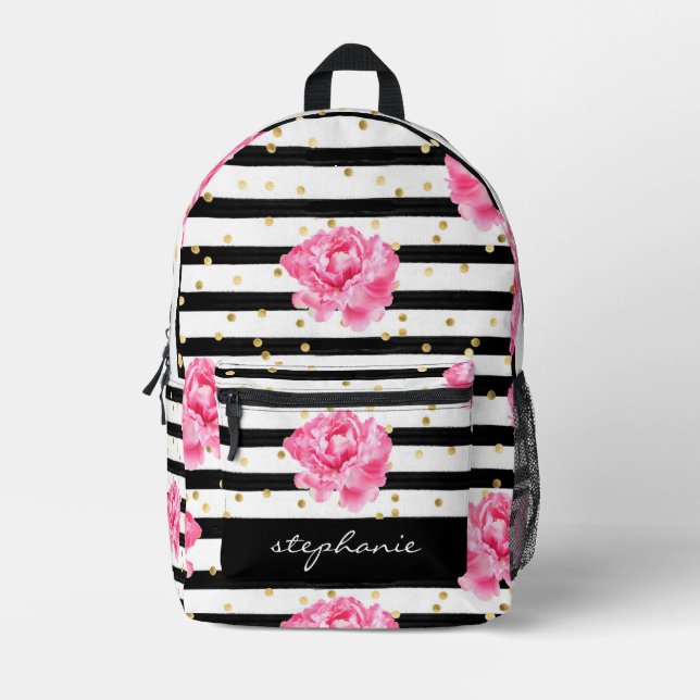 Personalised Floral Black Stripe and Gold Confetti Printed Backpack (Front)