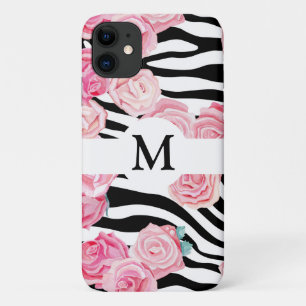 Personalised Floral Black & White Animal Print iPhone 11 Case