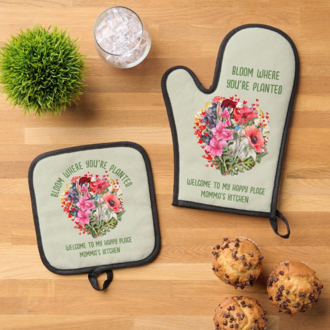 Personalised Floral BLOOM WHERE PLANTED  Oven Mitt & Pot Holder Set (Top Down)