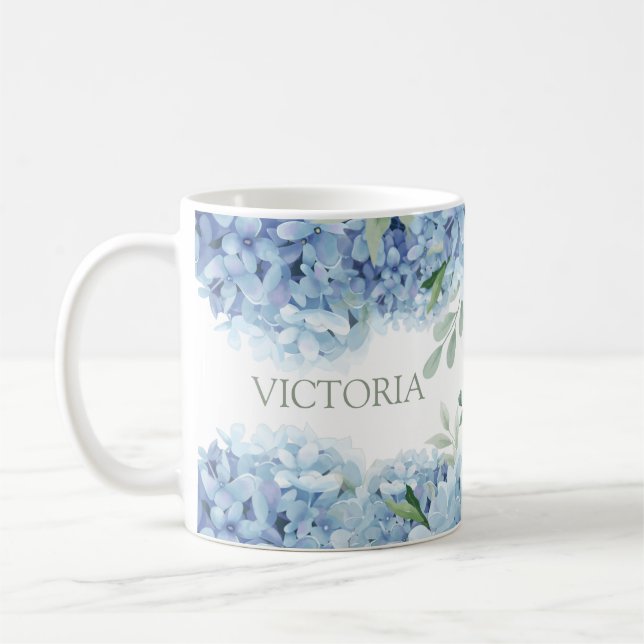 Personalised Floral Blue Hydrangea Coffee Mug (Left)