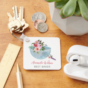 Personalised Floral Bowl and Whisker Bakers Key Ring