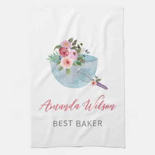 Personalised Floral Bowl and Whisker Bakers Tea Towel