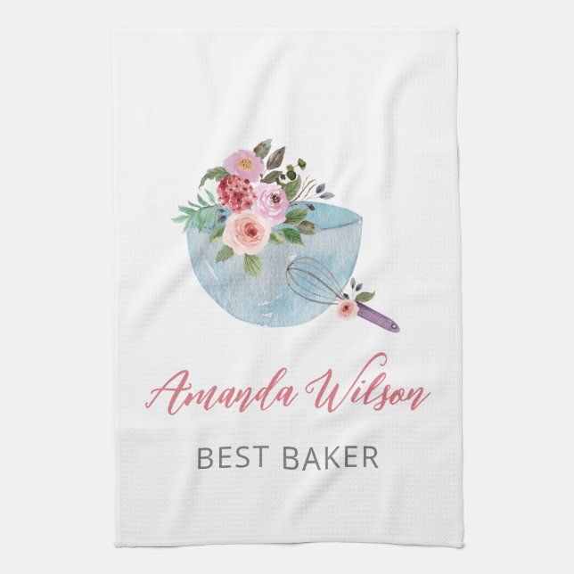 Personalised Floral Bowl and Whisker Bakers Tea Towel (Vertical)