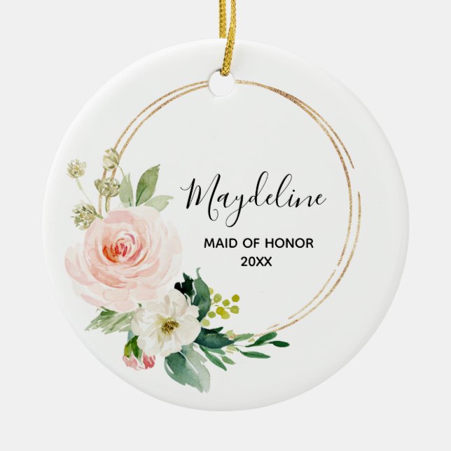 Personalised Floral Bridal Party Maid of Honour Ceramic Ornament (Front)