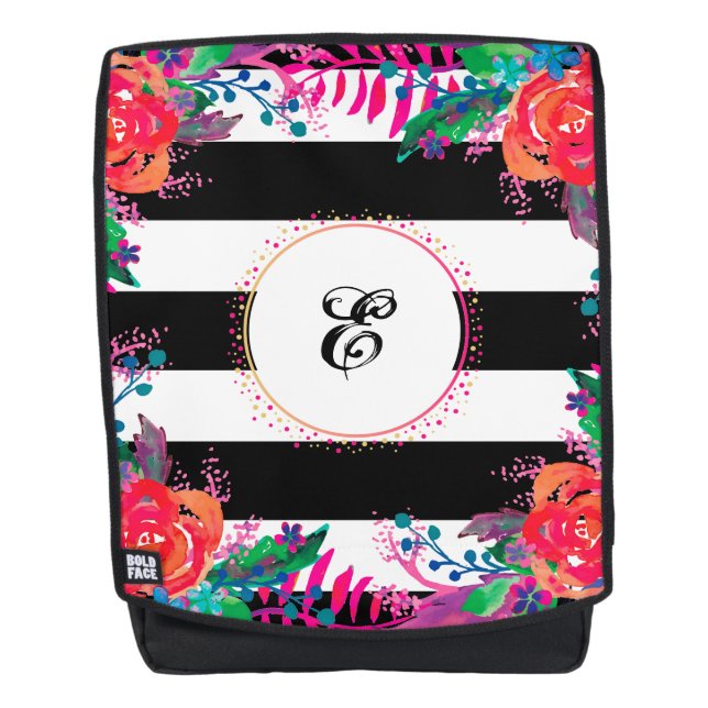 personalised floral bunches and black striped backpack (Front)