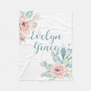 Personalised Floral Cactus Baby Blanket, Succulent Fleece Blanket