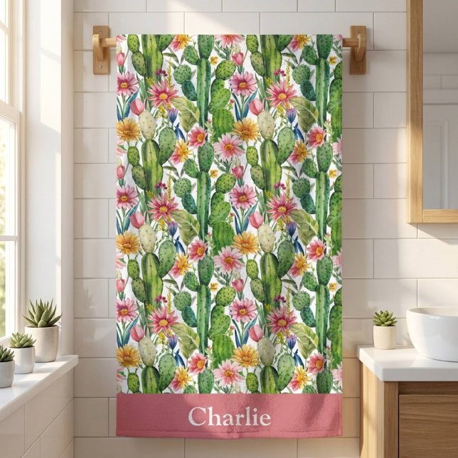 Personalised Floral Cactus Bath Towel (Creator Uploaded)