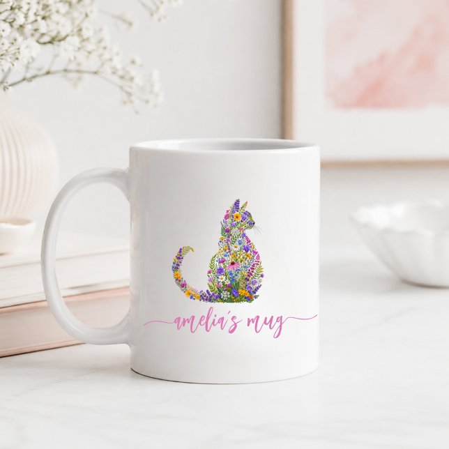  Personalised Floral Cat Kitty Coffee Mug (Personalized Floral Cat Kitty Coffee Mug)