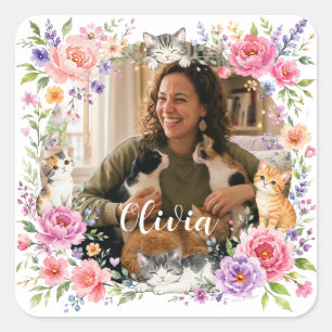 Personalised Floral Cat Mum Photo Sticker
