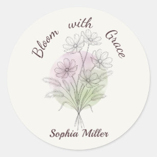 Personalised Floral Cosmos Botanical Custom Name Classic Round Sticker