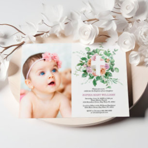 Personalised Floral Cross Photo Baptism Invitation