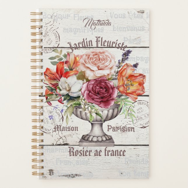 Personalised floral Decorative rustic wood French Planner (Front)