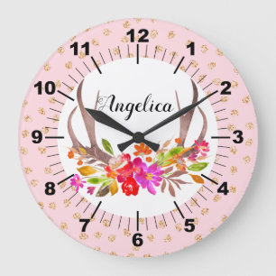 Personalised Floral Deer Antlers Large Clock