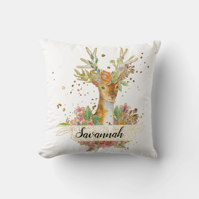 Personalised Floral Deer Cushion (Front)