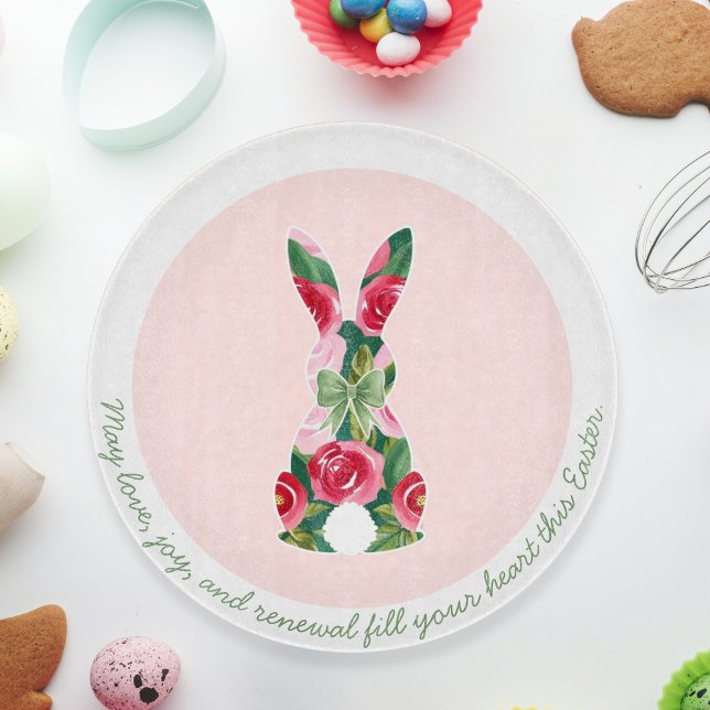 Personalised Floral Easter Bunny Glass  Cutting Board (Personalized Floral Easter Bunny Glass Cutting Board)