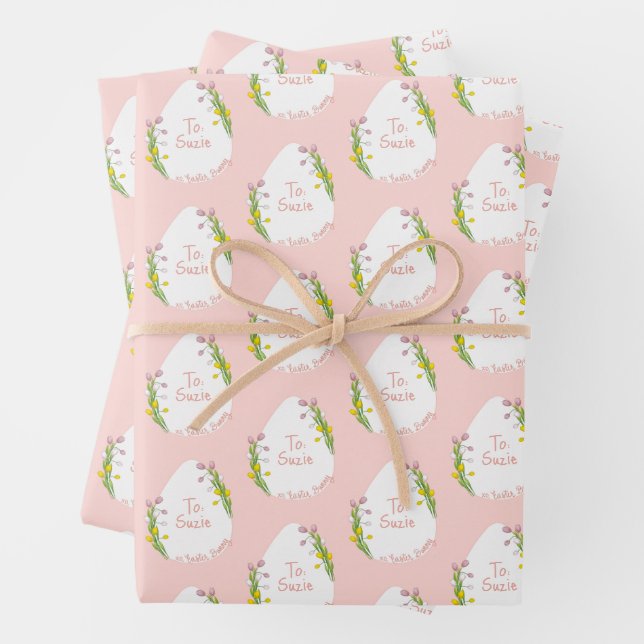Personalised Floral Easter Eggs Pink Wrapping Paper Sheet (In situ)