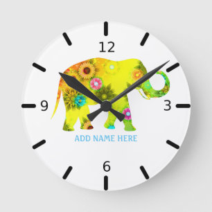 Personalised Floral Elephant Round Clock