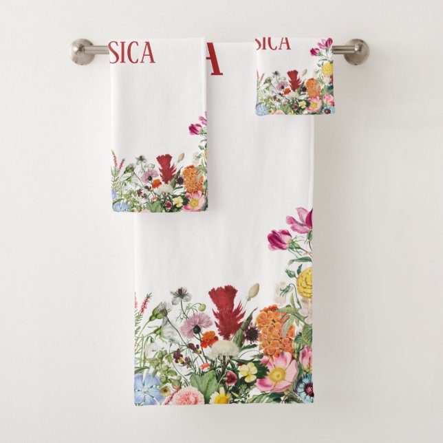 Personalised Floral Garden Colourful Flowers Bath Towel Set (Insitu)