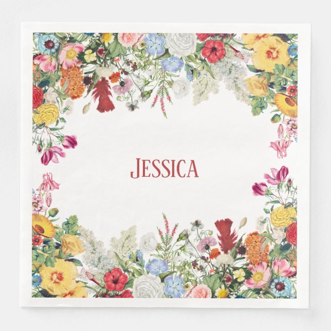 Personalised Floral Garden Colourful Flowers Napkin (Front)