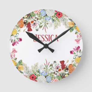 Personalised Floral Garden Colourful Flowers Round Clock