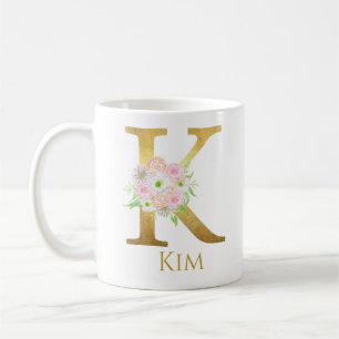 Personalised Floral Gold Monogram Letter K Custom Coffee Mug