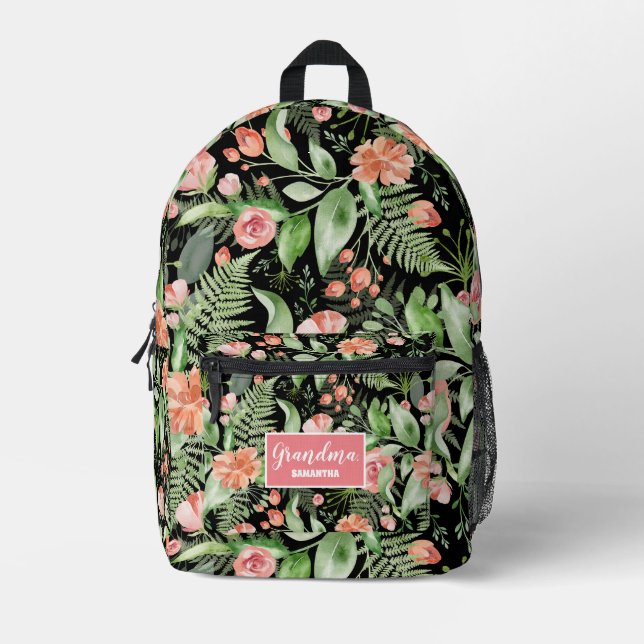 Personalised Floral Grandma Mother's Day Black Printed Backpack (Front)